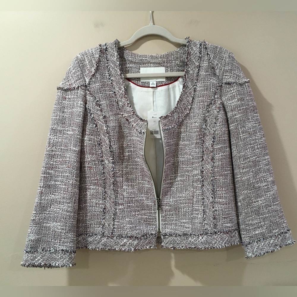 Banana Republic Tweed Jacket Raw Edge Zip Up Blazer Multicolor size 12 $175